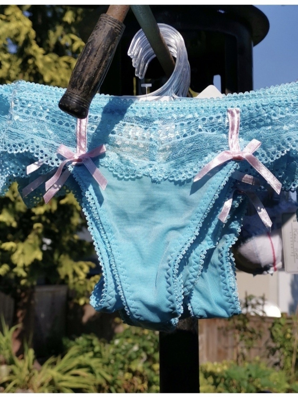 sophie b. Aqua Blue Lace-Trim Bikini Panty with Pink Bows